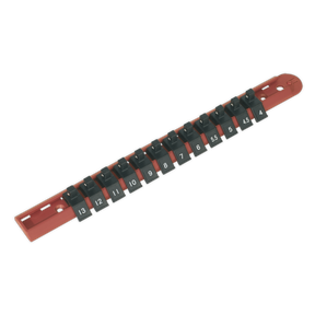 The Sealey Socket Retaining Rail with 12 Clips (model AK1412) features a row of identical black switches labeled from 1 to 12, mounted on a red strip. Some positions are labeled "5.5." This sliding socket rail design is ideal for professional use and meets the high standards set by Sealey.