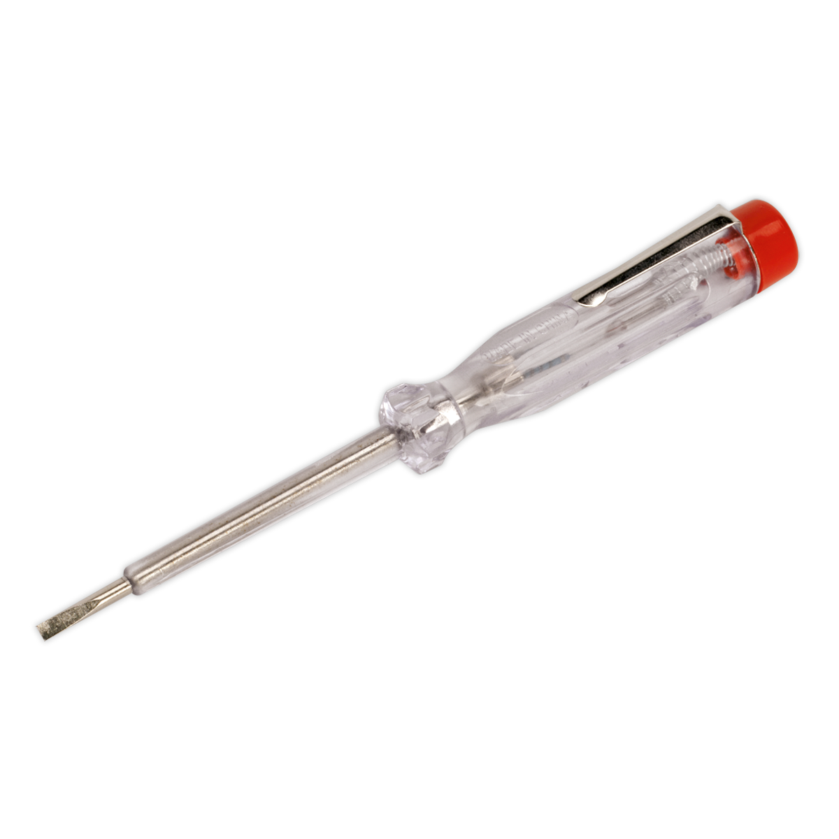 A Sealey Mains Tester 140mm - AK1990 with a clear handle and red tip, specifically designed as an insulated screwdriver for safety when working around mains voltage.