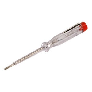 A Sealey Mains Tester 140mm - AK1990 with a clear handle and red tip, specifically designed as an insulated screwdriver for safety when working around mains voltage.