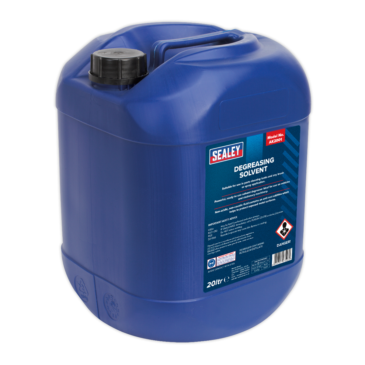 A 20L container of Sealey Degreasing Solvent (AK2001) in blue, ideal for use in a parts cleaning tank. It comes with a black lid and a printed label detailing specifications and warnings.