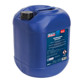 A 20L container of Sealey Degreasing Solvent (AK2001) in blue, ideal for use in a parts cleaning tank. It comes with a black lid and a printed label detailing specifications and warnings.