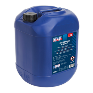 A 20L container of Sealey Degreasing Solvent (AK2001) in blue, ideal for use in a parts cleaning tank. It comes with a black lid and a printed label detailing specifications and warnings.