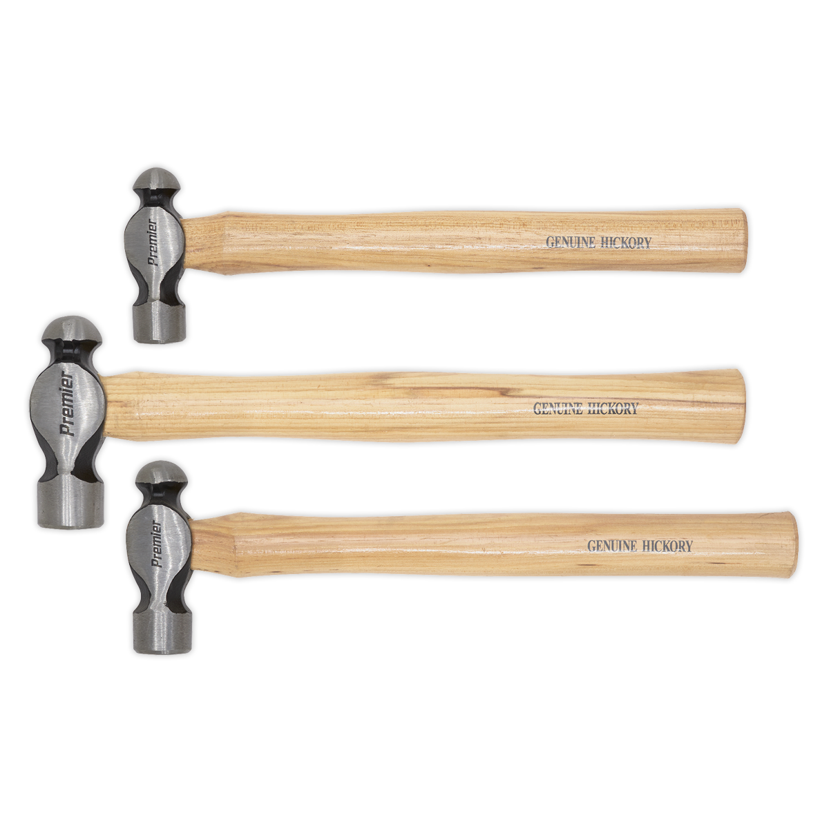 Three Sealey Ball Pein Hammers from the AK203 set with "GENUINE HICKORY" wooden handles and drop-forged steel heads are lined up horizontally, showcasing different sizes. These durable tools come with a lifetime guarantee.