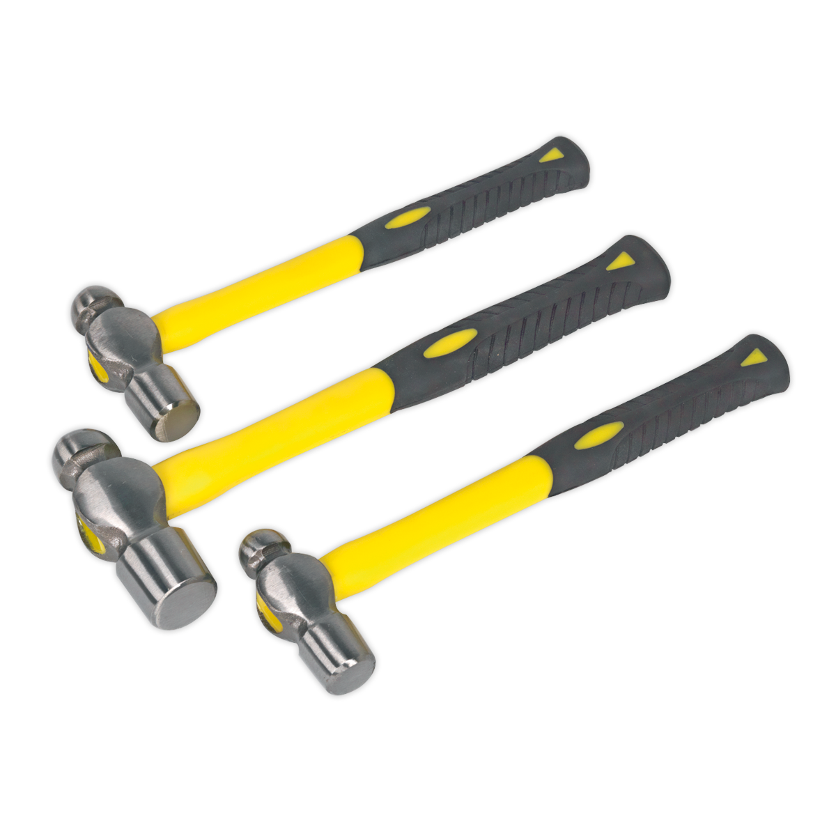 The Ball Pein Hammer Set 3pc with Fibreglass Shafts by Sealey, crafted from high-quality drop-forged steel, features yellow and black hammers of varying head types and sizes, arranged parallel to each other like a professional engineer's set.