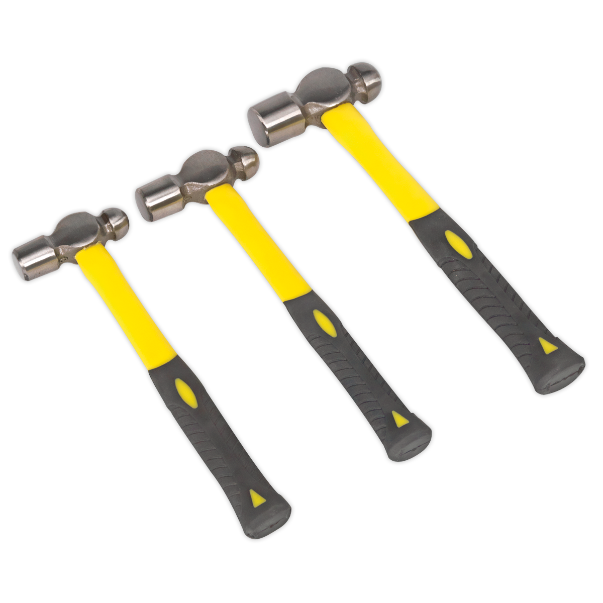 Three Sealey Ball Pein Hammers from the AK2031 set, featuring ergonomic yellow fibreglass shafts and black grips, crafted from high-quality drop-forged steel, aligned side by side.