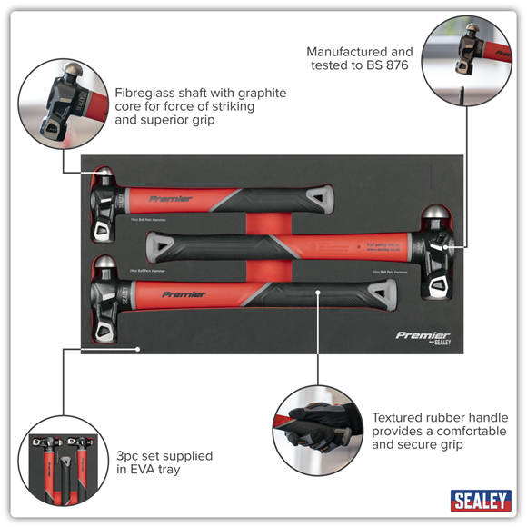 Sealey Premier Ball Pein Hammer Set Fibreglass Shafts 3pc SE AK2033