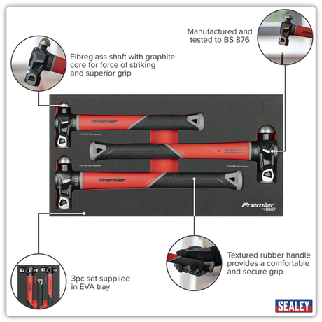 Sealey Premier Ball Pein Hammer Set Fibreglass Shafts 3pc SE AK2033