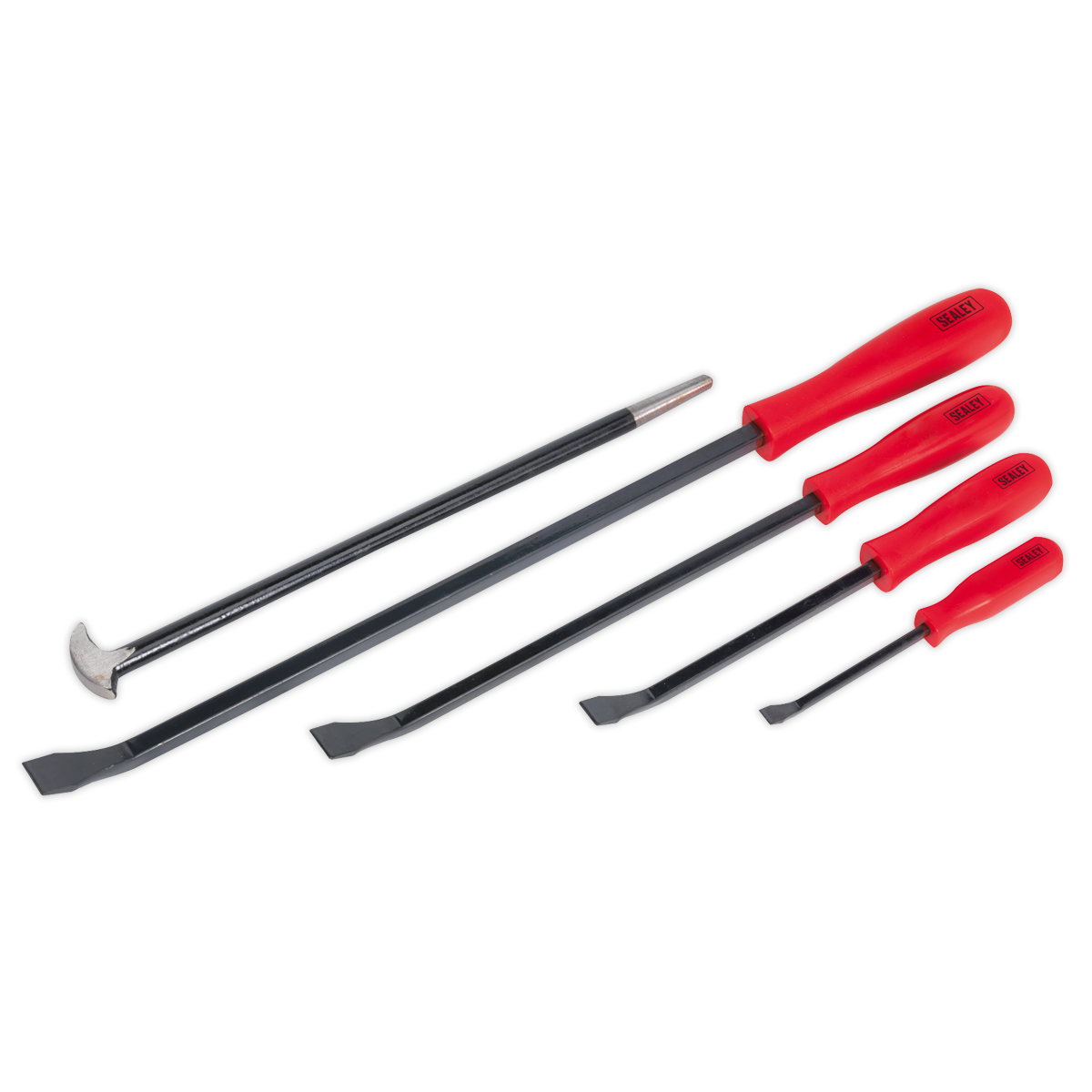 The Sealey Pry Bar/Heel Bar Set 5pc - AK20641 features five heavy-duty pry bars with red handles and metal shafts. These tools come in various sizes and have different tip shapes, ensuring durability and a lifetime guarantee.