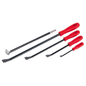 The Sealey Pry Bar/Heel Bar Set 5pc - AK20641 features five heavy-duty pry bars with red handles and metal shafts. These tools come in various sizes and have different tip shapes, ensuring durability and a lifetime guarantee.