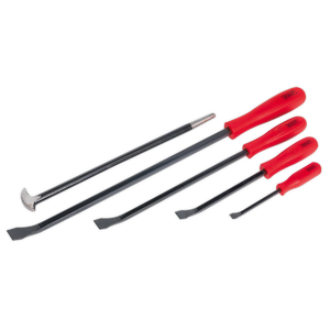 The Sealey Pry Bar/Heel Bar Set 5pc - AK20641 features five heavy-duty pry bars with red handles and metal shafts. These tools come in various sizes and have different tip shapes, ensuring durability and a lifetime guarantee.