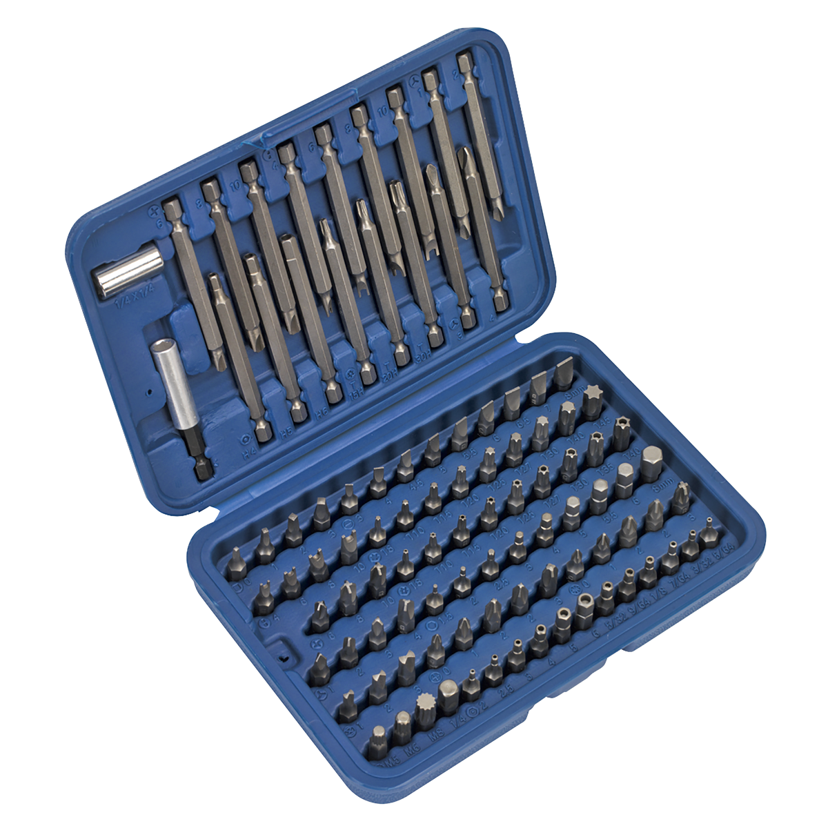 A Sealey Power Tool/Security Bit Set 99pc Long & Short - AK2099, neatly organized in a blue plastic case.