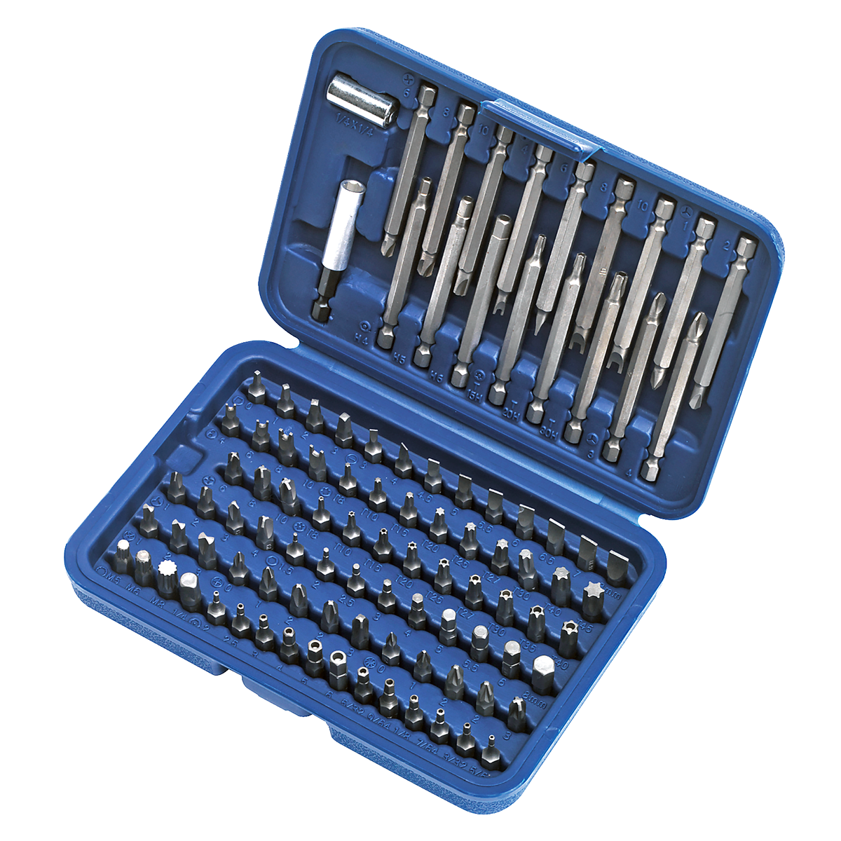 The Power Tool/Security Bit Set 99pc Long & Short - AK2099 from Sealey comes in a blue plastic case and includes an array of screwdriver bits and attachments, including security bits, all neatly arranged in rows. Each piece is crafted from durable Chrome Vanadium steel for longevity and reliability.