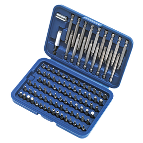 The Power Tool/Security Bit Set 99pc Long & Short - AK2099 from Sealey comes in a blue plastic case and includes an array of screwdriver bits and attachments, including security bits, all neatly arranged in rows. Each piece is crafted from durable Chrome Vanadium steel for longevity and reliability.