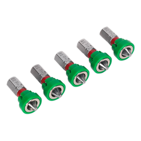 Five Phillips #2 power tool bits with a magnetic holder, arranged in a row, each measuring 25mm and demonstrating Sealey's commitment to quality in their Power Tool Bit Pack of 5 - AK210520.