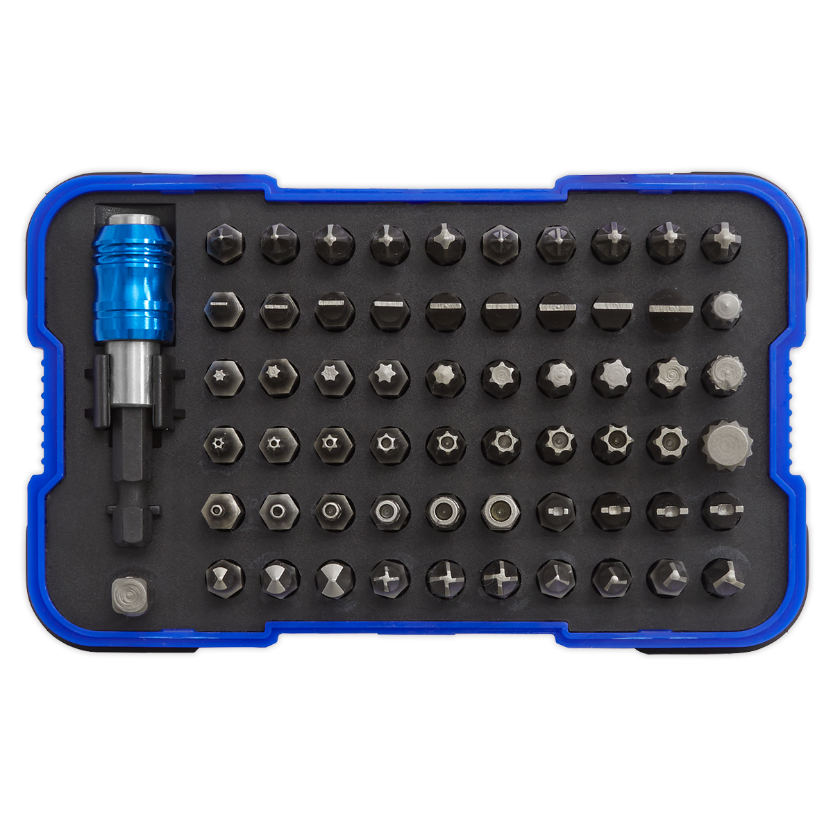 The Sealey Power Tool/Security Bit Set 62pc - AK2108 is a blue and black storage case that includes a comprehensive assortment of Chrome Vanadium steel driver and security bits, featuring various heads and a handle with a quick-release chuck.