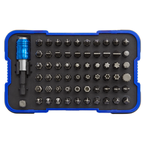 The Sealey Power Tool/Security Bit Set 62pc - AK2108 is a blue and black storage case that includes a comprehensive assortment of Chrome Vanadium steel driver and security bits, featuring various heads and a handle with a quick-release chuck.