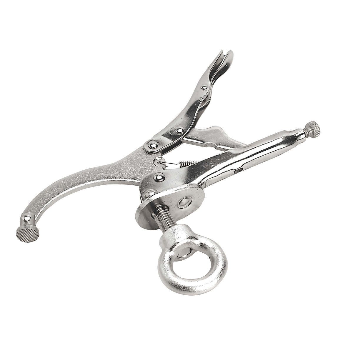 Resembling a pair of locking pliers, the Drilling Machine Work Grip 230mm - AK214 by Sealey is a silver metal tool featuring an adjustable clasp and a looped handle, ideal for securing objects or applying pressure.