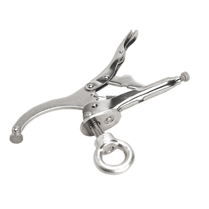 Resembling a pair of locking pliers, the Drilling Machine Work Grip 230mm - AK214 by Sealey is a silver metal tool featuring an adjustable clasp and a looped handle, ideal for securing objects or applying pressure.