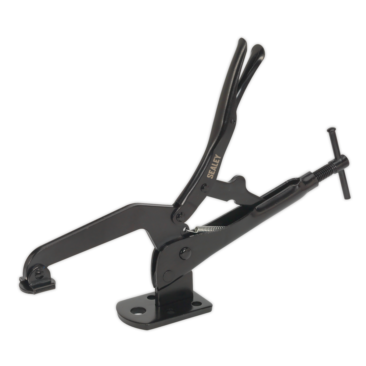 The Sealey Table/Workbench C-Clamp with Swivel Foot - AK2141 is an industrial black toggle clamp, made from heat-treated alloy steel, featuring a base, handle, and pressure adjustment lever, displayed in a locked position.