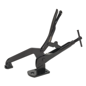 The Sealey Table/Workbench C-Clamp with Swivel Foot - AK2141 is an industrial black toggle clamp, made from heat-treated alloy steel, featuring a base, handle, and pressure adjustment lever, displayed in a locked position.