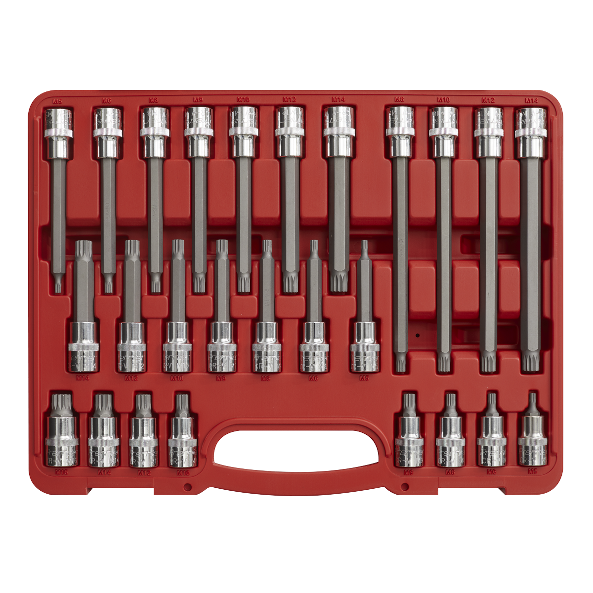 The Sealey Spline Socket Bit Set 26pc 1/2"Sq Drive - AK2195 includes both long and short socket wrenches, meticulously organized in a red plastic case, all crafted from durable chrome vanadium steel.