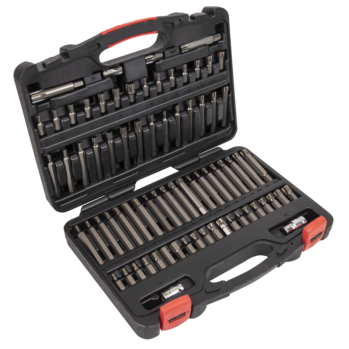 The Sealey TRX-Star*/Security TRX-Star*/Hex/Ribe/Spline Bit Set 74pc 3/8" & 1/2"Sq Drive - AK21974P is a black plastic case with a red handle, containing a comprehensive range of high-quality S2 steel screwdriver bits and sockets, all neatly organized in rows.