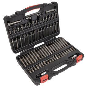 The Sealey TRX-Star*/Security TRX-Star*/Hex/Ribe/Spline Bit Set 74pc 3/8" & 1/2"Sq Drive - AK21974P is a black plastic case with a red handle, containing a comprehensive range of high-quality S2 steel screwdriver bits and sockets, all neatly organized in rows.