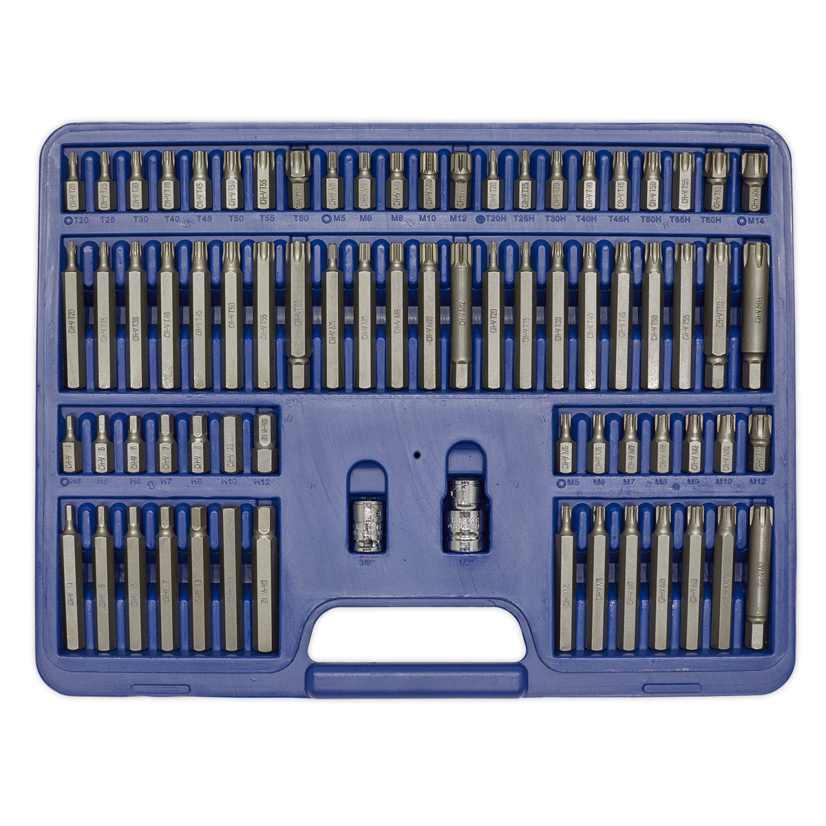 The TRX-Star/Security TRX-Star/Hex/Ribe/Spline Bit Set 74pc 3/8" & 1/2"Sq Drive (AK21974) by Sealey is housed in a blue plastic case, containing a well-organized set of Chrome Vanadium steel bits and sockets, backed by a lifetime guarantee.