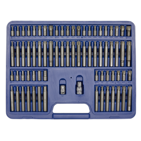 The TRX-Star/Security TRX-Star/Hex/Ribe/Spline Bit Set 74pc 3/8" & 1/2"Sq Drive (AK21974) by Sealey is housed in a blue plastic case, containing a well-organized set of Chrome Vanadium steel bits and sockets, backed by a lifetime guarantee.