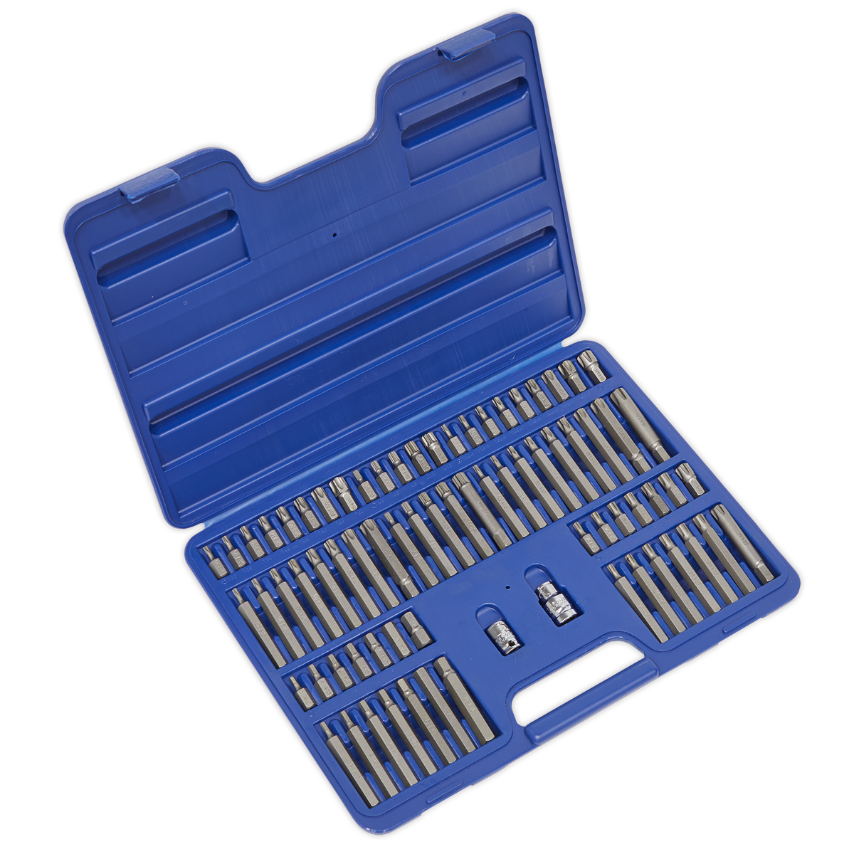 The Sealey TRX-Star/Security TRX-Star/Hex/Ribe/Spline Bit Set 74-piece with 3/8" and 1/2" square drives (AK21974) features a blue plastic case meticulously organized with an assortment of Chrome Vanadium steel drill bits in various sizes, neatly arranged in rows. It includes two drive socket adapters positioned at the center. This set is part of the Premier Hand Tools collection and comes with a lifetime guarantee.