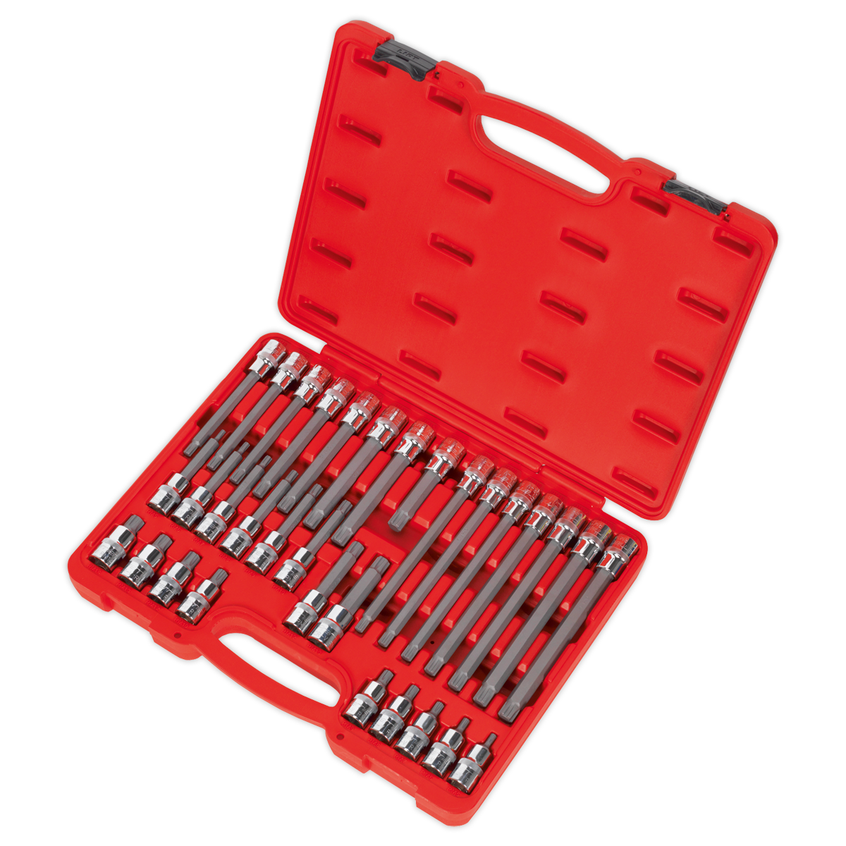 A Sealey Ribe Socket Bit Set 32pc 1/2" Sq Drive - AK2198, contained in a red plastic storage case with individual slots for each piece, shown in an open position. This set features an assortment of various sized hex bit sockets, all crafted from durable Chrome Vanadium steel.