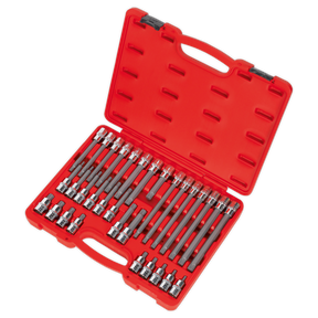 A Sealey Ribe Socket Bit Set 32pc 1/2" Sq Drive - AK2198, contained in a red plastic storage case with individual slots for each piece, shown in an open position. This set features an assortment of various sized hex bit sockets, all crafted from durable Chrome Vanadium steel.
