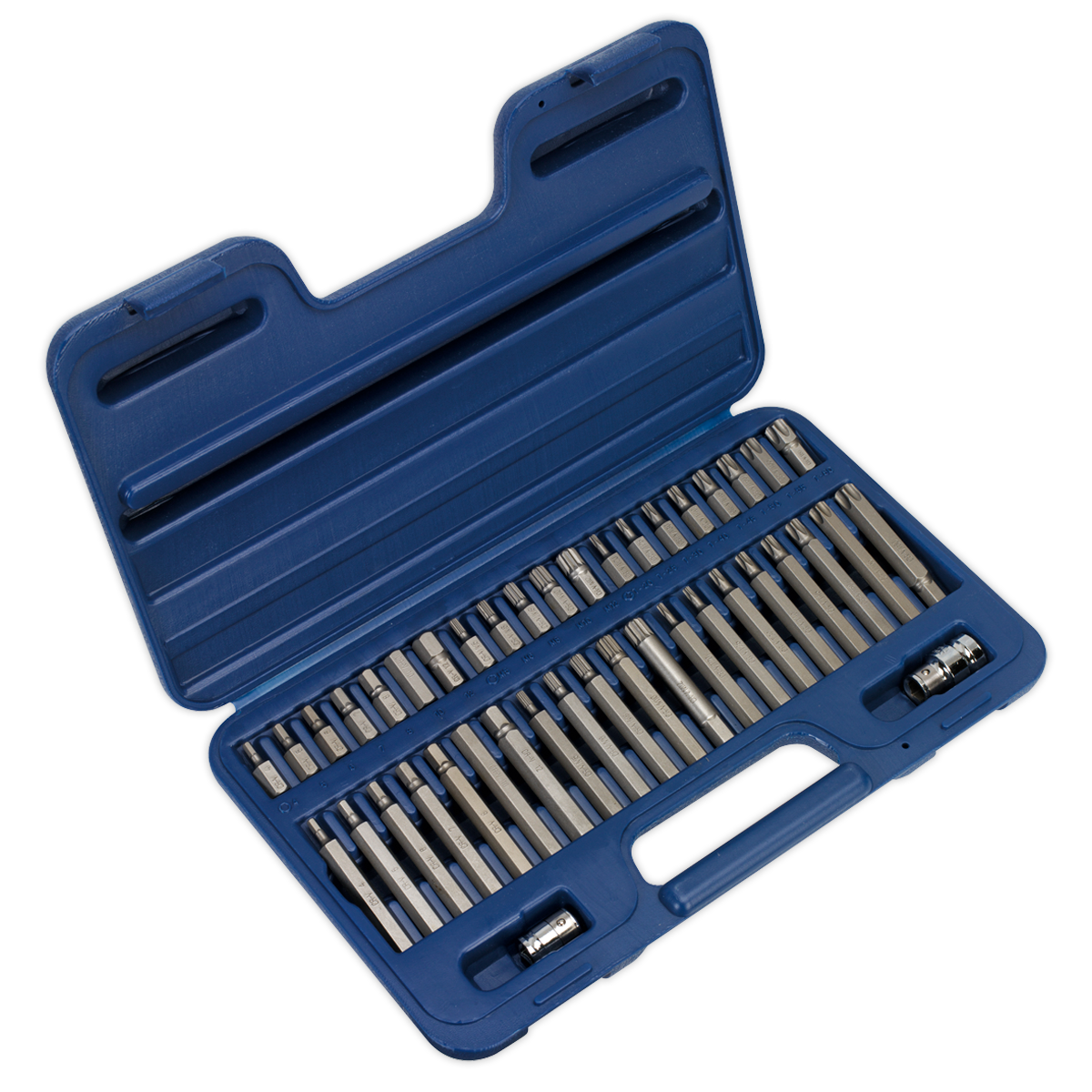 A blue plastic case containing a set of Chrome Vanadium steel bits, arranged in rows. The case, part of the Sealey Premier Hand Tools line, specifically named the TRX-Star*/Hex/Spline Bit Set 42pc 3/8" & 1/2"Sq Drive - AK219, is open and has a handle for easy carrying—ideal for professional use.