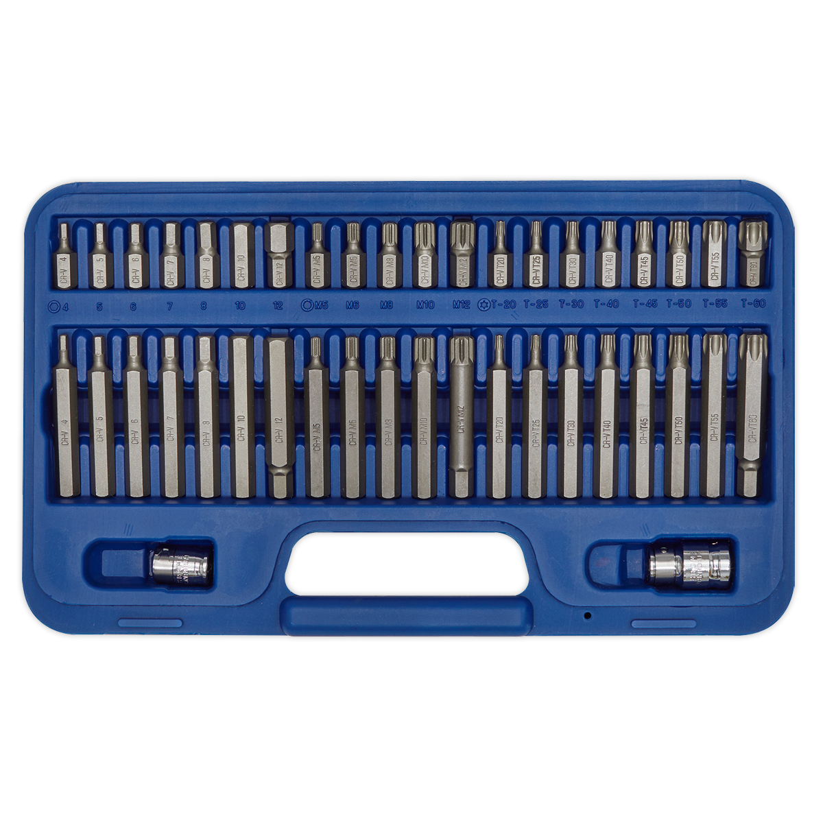 The TRX-Star*/Hex/Spline Bit Set 42pc 3/8" & 1/2"Sq Drive - AK219 by Sealey is a blue plastic case containing a collection of various sizes of Chrome Vanadium steel hex and Torx bits, neatly arranged in rows with a handle in the middle for easy carrying – perfect for professional use.