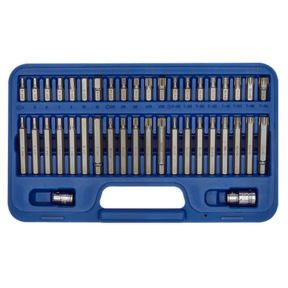 The TRX-Star*/Hex/Spline Bit Set 42pc 3/8" & 1/2"Sq Drive - AK219 by Sealey is a blue plastic case containing a collection of various sizes of Chrome Vanadium steel hex and Torx bits, neatly arranged in rows with a handle in the middle for easy carrying – perfect for professional use.