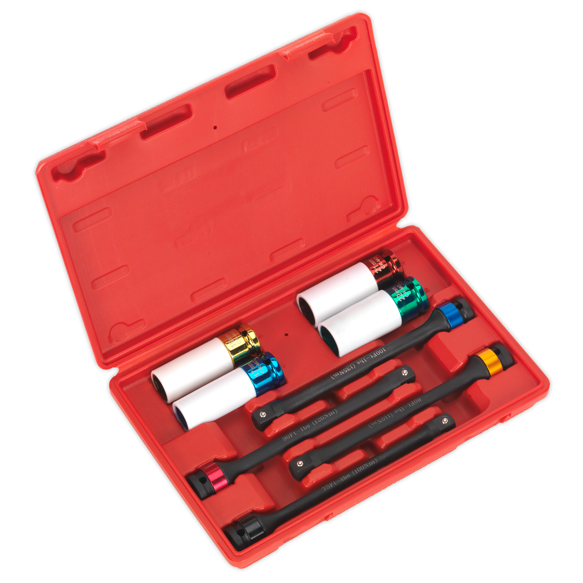 The Sealey Torque Stick & Aluminium Wheel Impact Socket Set 8pc 1/2"Sq Drive - AK2243 is a red plastic case featuring three black torque extension bars and four color-coded impact sockets, each seated in designated slots, perfect for use with air and electric impact wrenches.