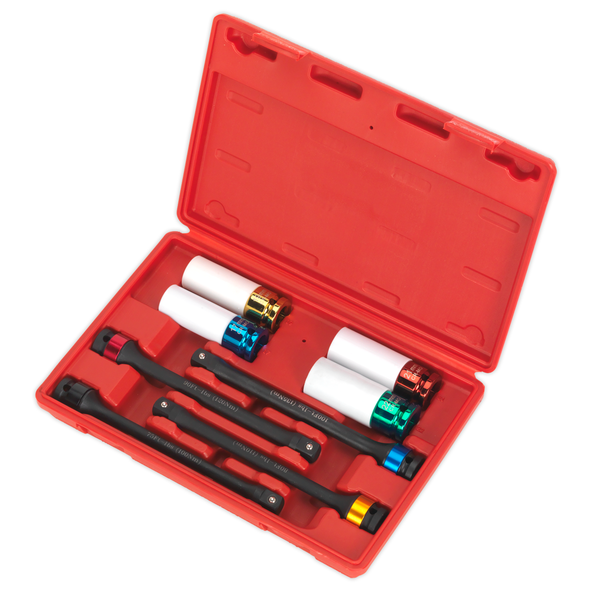 Introducing the Sealey Torque Stick & Aluminium Wheel Impact Socket Set 8pc 1/2"Sq Drive - AK2243: a red plastic case containing various tools, including four metallic torque sticks and three white cylindrical impact sockets, ideal for use with air and electric impact wrenches.