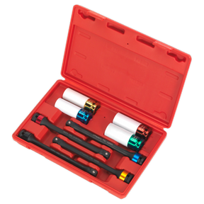 Introducing the Sealey Torque Stick & Aluminium Wheel Impact Socket Set 8pc 1/2"Sq Drive - AK2243: a red plastic case containing various tools, including four metallic torque sticks and three white cylindrical impact sockets, ideal for use with air and electric impact wrenches.