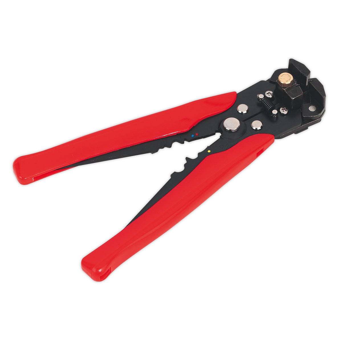 The Sealey Wire Stripping Tool Automatic - AK225 features red handles and is perfect for cutting and stripping electrical wires. This versatile tool also functions as a crimping tool, making it an essential addition to any toolkit.