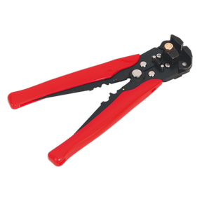 The Sealey Wire Stripping Tool Automatic - AK225 features red handles and is perfect for cutting and stripping electrical wires. This versatile tool also functions as a crimping tool, making it an essential addition to any toolkit.