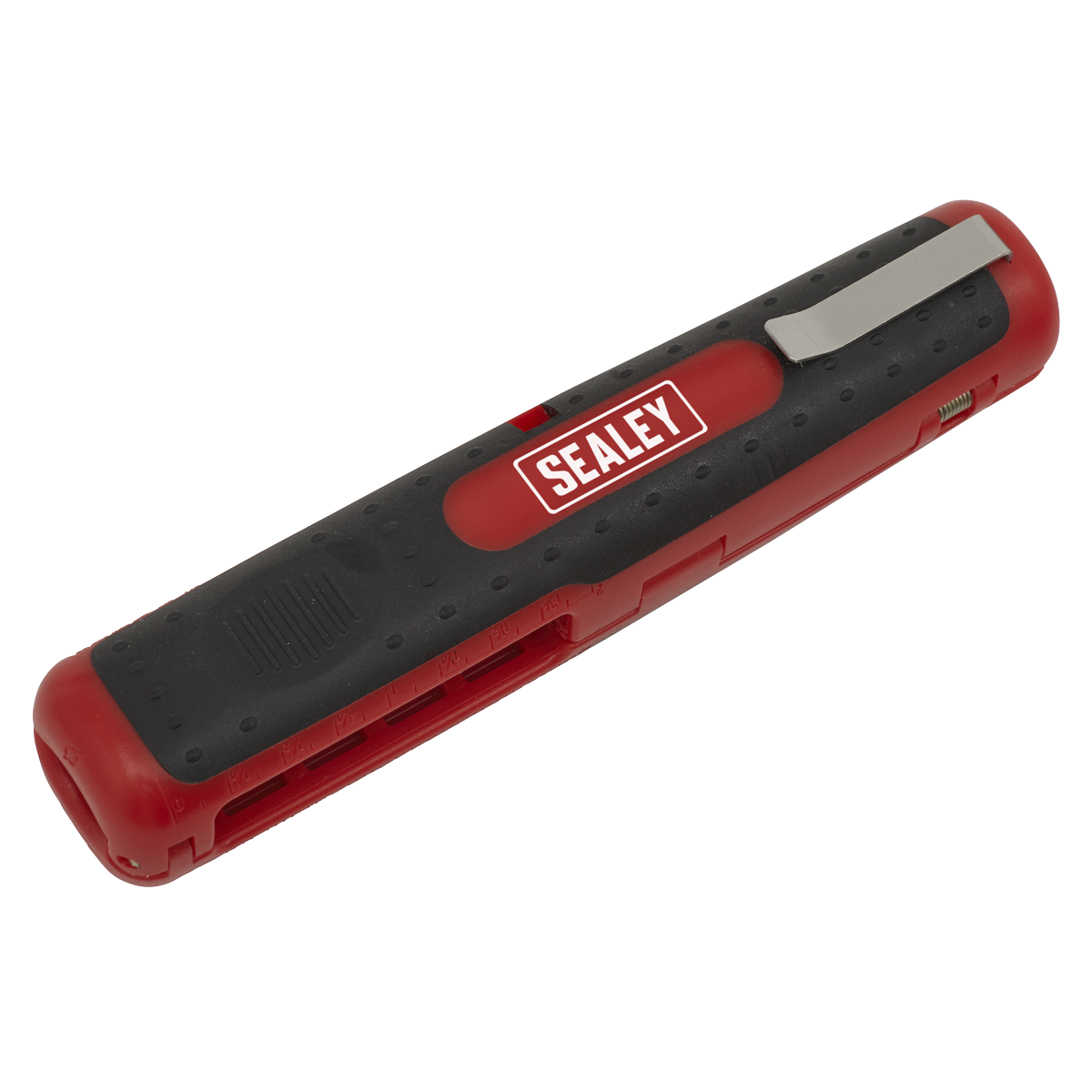 A Sealey-branded red and black Pocket Wire Stripping Tool - AK2290, featuring a clip for attachment; ideal for automotive and electrical trades.