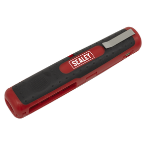 A Sealey-branded red and black Pocket Wire Stripping Tool - AK2290, featuring a clip for attachment; ideal for automotive and electrical trades.