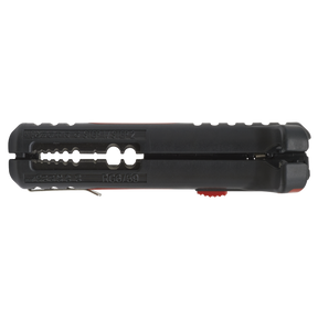 The Sealey Pocket Wire Stripping Tool with Retractable Blade - AK2291 is a black coaxial cable stripper featuring various gauge settings, a red adjustment wheel, and a safety lock, specifically designed for stripping RG6 and RG59 cables.