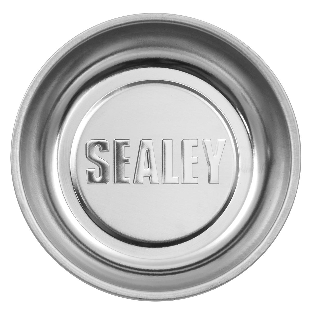 A round stainless steel tray, measuring 110mm in diameter, with the word "Sealey" embossed in the center and featuring a magnet cover, named the Magnetic Collector Ø110mm - AK2311.