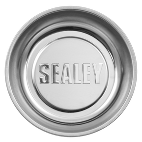 A round stainless steel tray, measuring 110mm in diameter, with the word "Sealey" embossed in the center and featuring a magnet cover, named the Magnetic Collector Ø110mm - AK2311.