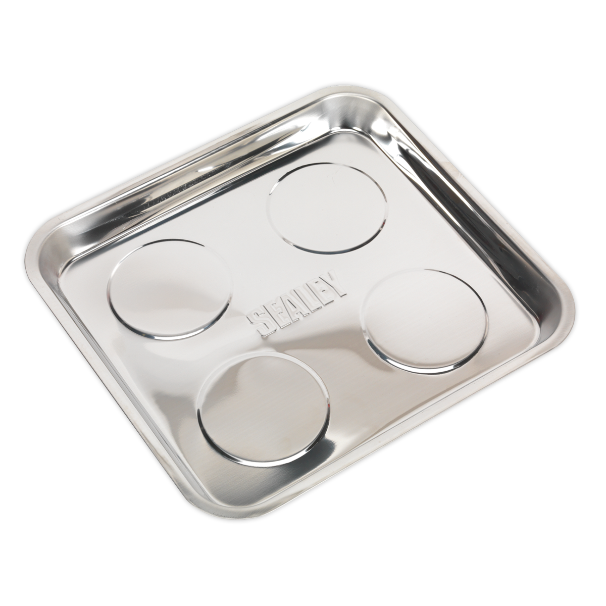 A square, stainless steel Magnetic Collector with four round indents and the word "Sealey" embossed in the center, featuring 4 magnets to keep your hand tools securely in place. The dimensions are 290 x 275mm - AK2314.