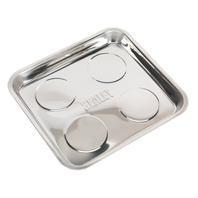 A square, stainless steel Magnetic Collector with four round indents and the word "Sealey" embossed in the center, featuring 4 magnets to keep your hand tools securely in place. The dimensions are 290 x 275mm - AK2314.