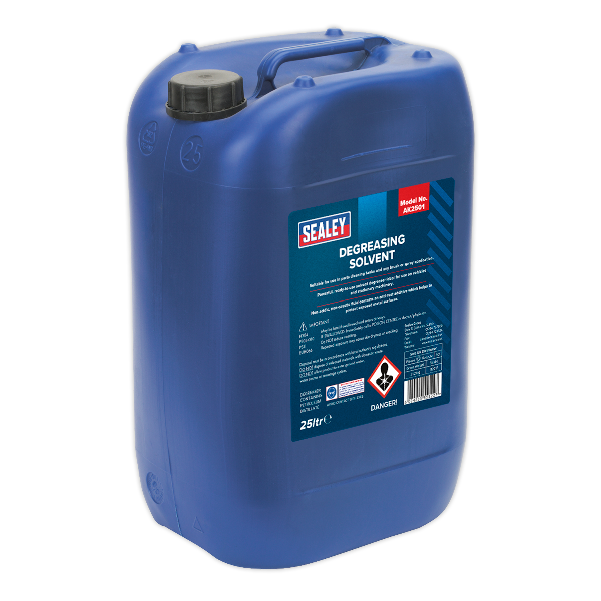 A 25-liter Sealey Degreasing Solvent AK2501 designed for use in parts cleaning tanks, available in blue, featuring a handle, black screw cap, and warning labels on the front.