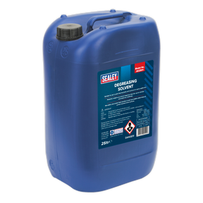 A 25-liter Sealey Degreasing Solvent AK2501 designed for use in parts cleaning tanks, available in blue, featuring a handle, black screw cap, and warning labels on the front.