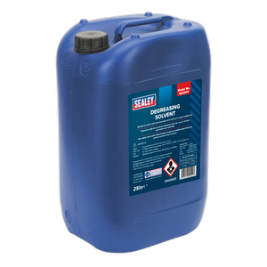 A 25-liter Sealey Degreasing Solvent AK2501 designed for use in parts cleaning tanks, available in blue, featuring a handle, black screw cap, and warning labels on the front.